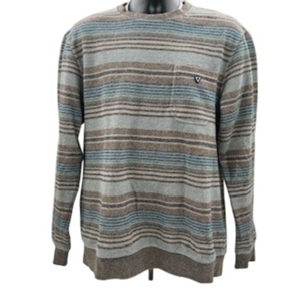 Vissla Mens Striped Crewneck Pullover Sweatshirt Brown Blue‎ Large